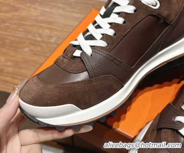 Best Grade Hermes Leader Sneakers in Suede and Calfskin Leather Dark Brown 1023041
