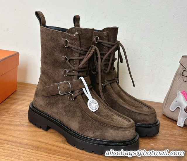 Modern Hermes Land Biker Laced-up Ankle Boots in Suede with Buckle Strap Dark Brown 1023042