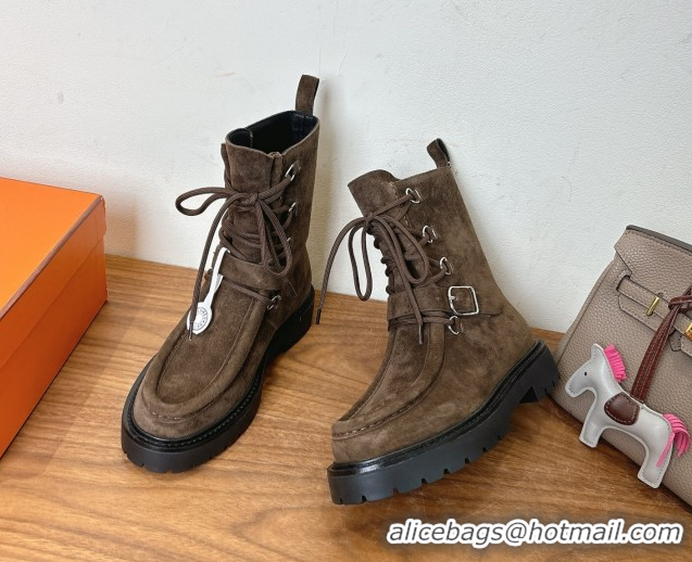 Modern Hermes Land Biker Laced-up Ankle Boots in Suede with Buckle Strap Dark Brown 1023042