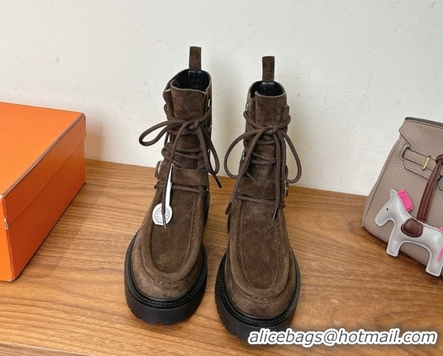 Modern Hermes Land Biker Laced-up Ankle Boots in Suede with Buckle Strap Dark Brown 1023042