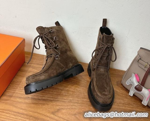 Modern Hermes Land Biker Laced-up Ankle Boots in Suede with Buckle Strap Dark Brown 1023042