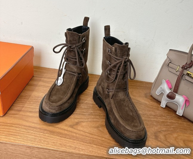 Modern Hermes Land Biker Laced-up Ankle Boots in Suede with Buckle Strap Dark Brown 1023042
