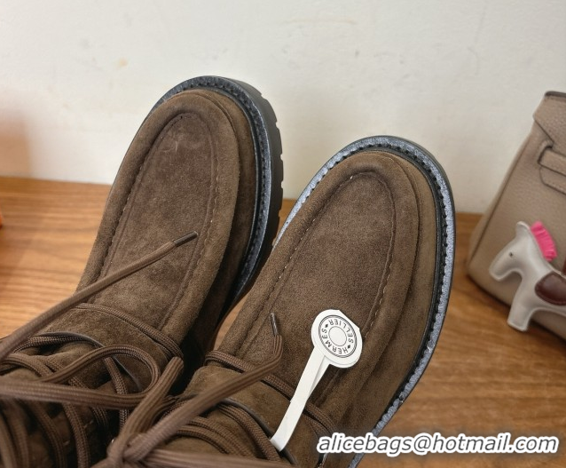 Modern Hermes Land Biker Laced-up Ankle Boots in Suede with Buckle Strap Dark Brown 1023042