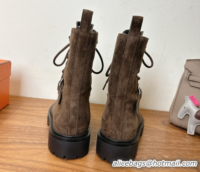 Modern Hermes Land Biker Laced-up Ankle Boots in Suede with Buckle Strap Dark Brown 1023042