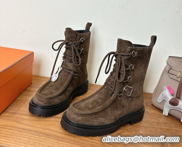 Modern Hermes Land Biker Laced-up Ankle Boots in Suede with Buckle Strap Dark Brown 1023042