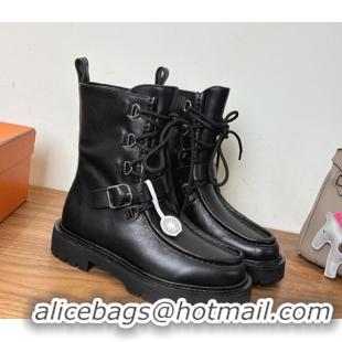 Sophisticated Hermes Land Biker Laced-up Ankle Boots in Calfskin Leather with Buckle Strap Black 1023043