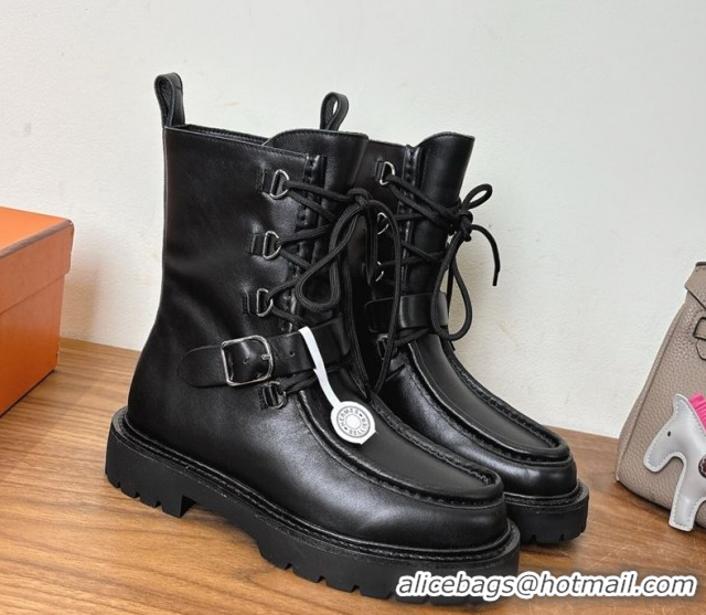 Sophisticated Hermes Land Biker Laced-up Ankle Boots in Calfskin Leather with Buckle Strap Black 1023043