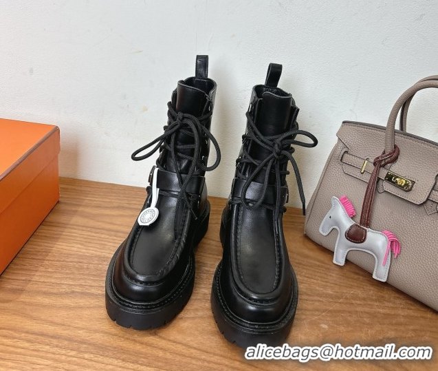 Sophisticated Hermes Land Biker Laced-up Ankle Boots in Calfskin Leather with Buckle Strap Black 1023043