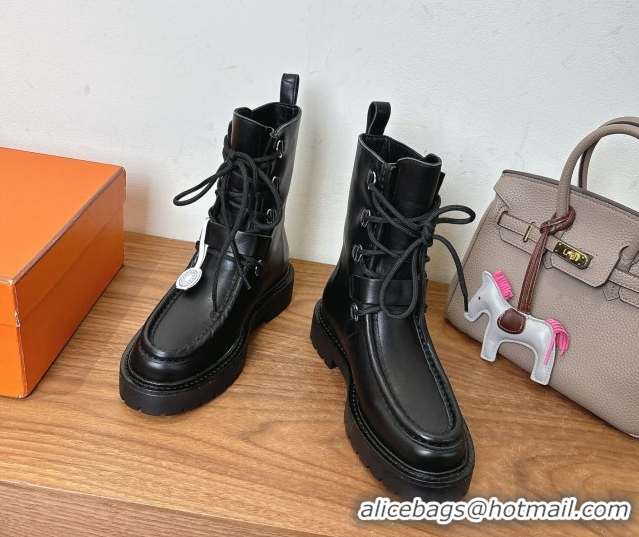 Sophisticated Hermes Land Biker Laced-up Ankle Boots in Calfskin Leather with Buckle Strap Black 1023043
