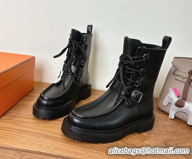 Sophisticated Hermes Land Biker Laced-up Ankle Boots in Calfskin Leather with Buckle Strap Black 1023043