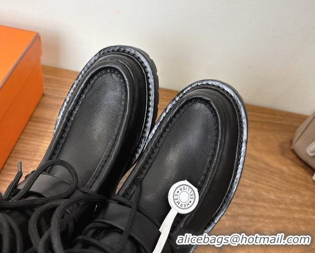 Sophisticated Hermes Land Biker Laced-up Ankle Boots in Calfskin Leather with Buckle Strap Black 1023043