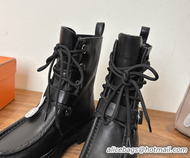 Sophisticated Hermes Land Biker Laced-up Ankle Boots in Calfskin Leather with Buckle Strap Black 1023043