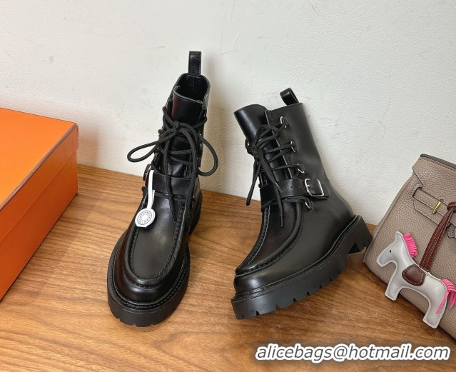 Sophisticated Hermes Land Biker Laced-up Ankle Boots in Calfskin Leather with Buckle Strap Black 1023043