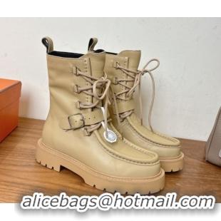 Stylish Hermes Land Biker Laced-up Ankle Boots in Calfskin Leather with Buckle Strap Beige 1023044
