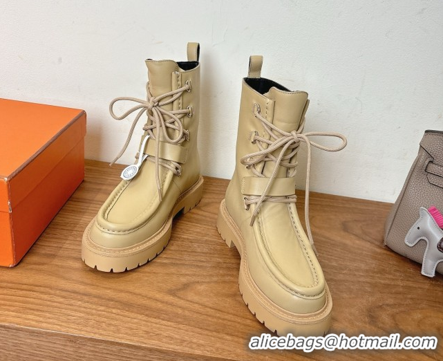 Stylish Hermes Land Biker Laced-up Ankle Boots in Calfskin Leather with Buckle Strap Beige 1023044