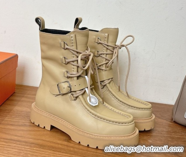 Stylish Hermes Land Biker Laced-up Ankle Boots in Calfskin Leather with Buckle Strap Beige 1023044