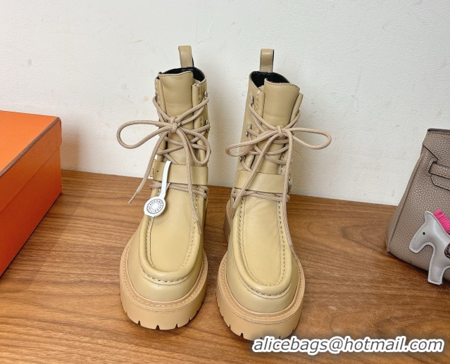 Stylish Hermes Land Biker Laced-up Ankle Boots in Calfskin Leather with Buckle Strap Beige 1023044