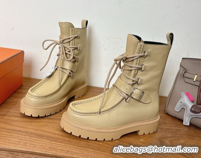 Stylish Hermes Land Biker Laced-up Ankle Boots in Calfskin Leather with Buckle Strap Beige 1023044