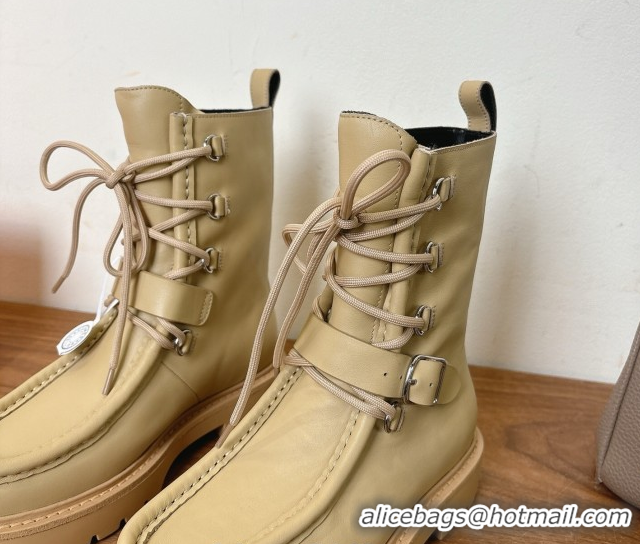 Stylish Hermes Land Biker Laced-up Ankle Boots in Calfskin Leather with Buckle Strap Beige 1023044