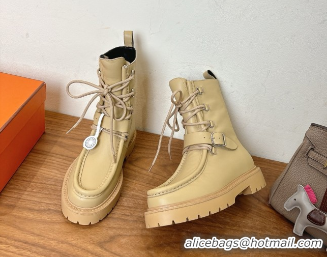 Stylish Hermes Land Biker Laced-up Ankle Boots in Calfskin Leather with Buckle Strap Beige 1023044