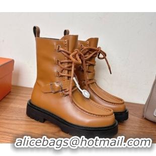 Grade Quality Hermes Land Biker Laced-up Ankle Boots in Calfskin Leather with Buckle Strap Brown 1023045