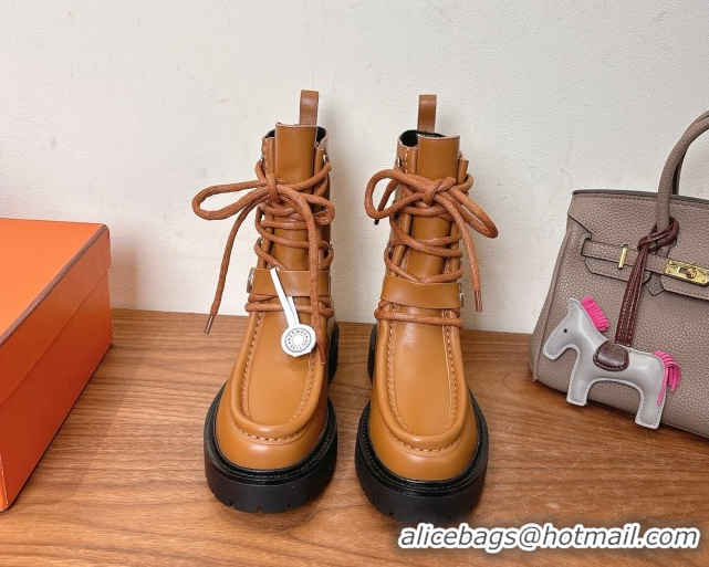 Grade Quality Hermes Land Biker Laced-up Ankle Boots in Calfskin Leather with Buckle Strap Brown 1023045