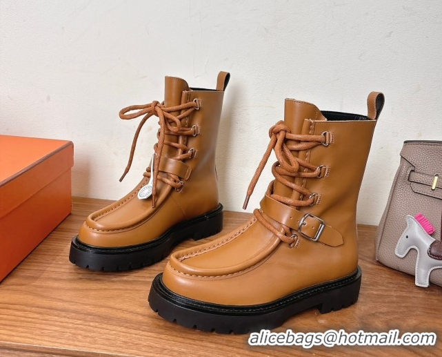 Grade Quality Hermes Land Biker Laced-up Ankle Boots in Calfskin Leather with Buckle Strap Brown 1023045
