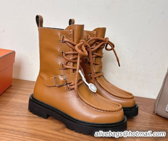 Grade Quality Hermes Land Biker Laced-up Ankle Boots in Calfskin Leather with Buckle Strap Brown 1023045