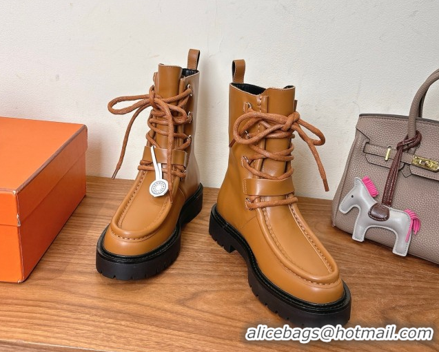 Grade Quality Hermes Land Biker Laced-up Ankle Boots in Calfskin Leather with Buckle Strap Brown 1023045