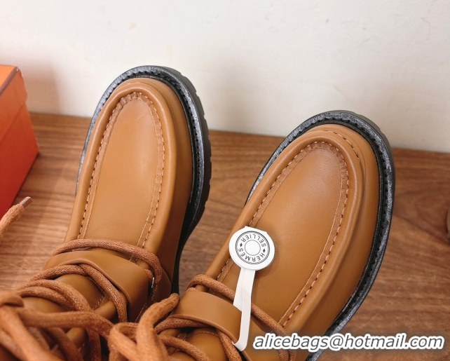 Grade Quality Hermes Land Biker Laced-up Ankle Boots in Calfskin Leather with Buckle Strap Brown 1023045