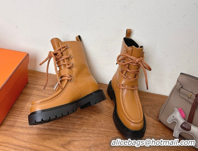 Grade Quality Hermes Land Biker Laced-up Ankle Boots in Calfskin Leather with Buckle Strap Brown 1023045