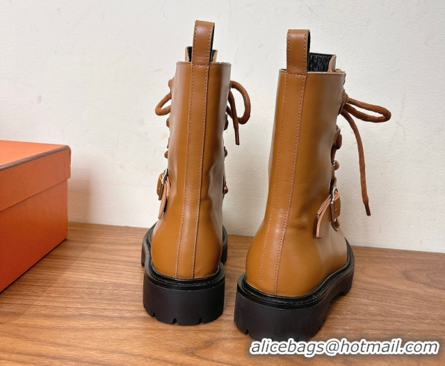 Grade Quality Hermes Land Biker Laced-up Ankle Boots in Calfskin Leather with Buckle Strap Brown 1023045
