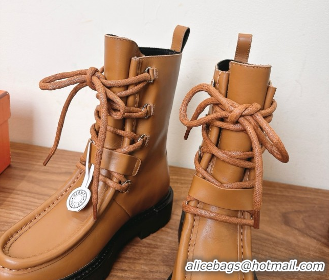 Grade Quality Hermes Land Biker Laced-up Ankle Boots in Calfskin Leather with Buckle Strap Brown 1023045