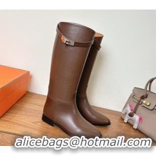Low Cost Hermes Jumping High Flat Boots in Logo Perforated Calfskin with Kelly Buckle Dark Brown 1023047