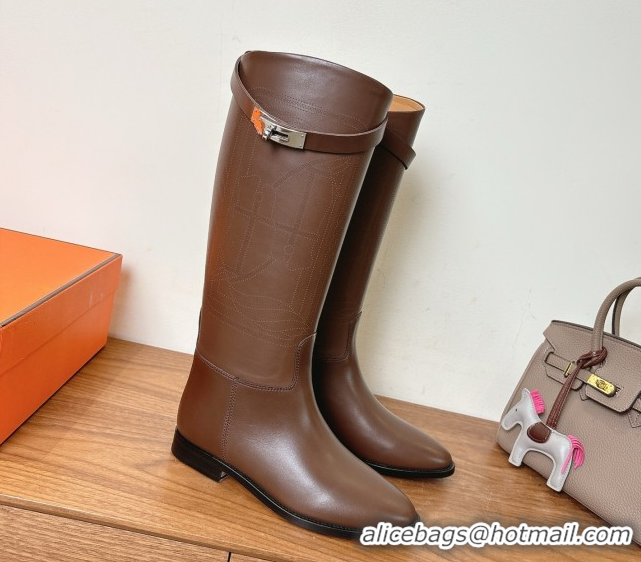 Low Cost Hermes Jumping High Flat Boots in Logo Perforated Calfskin with Kelly Buckle Dark Brown 1023047