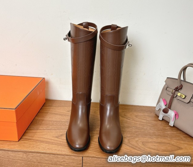 Low Cost Hermes Jumping High Flat Boots in Logo Perforated Calfskin with Kelly Buckle Dark Brown 1023047