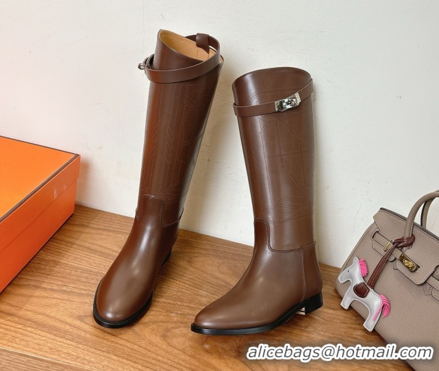 Low Cost Hermes Jumping High Flat Boots in Logo Perforated Calfskin with Kelly Buckle Dark Brown 1023047