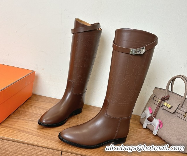 Low Cost Hermes Jumping High Flat Boots in Logo Perforated Calfskin with Kelly Buckle Dark Brown 1023047