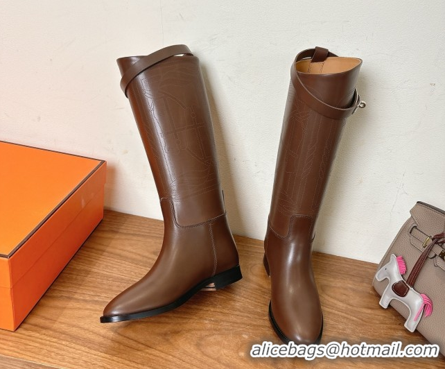 Low Cost Hermes Jumping High Flat Boots in Logo Perforated Calfskin with Kelly Buckle Dark Brown 1023047