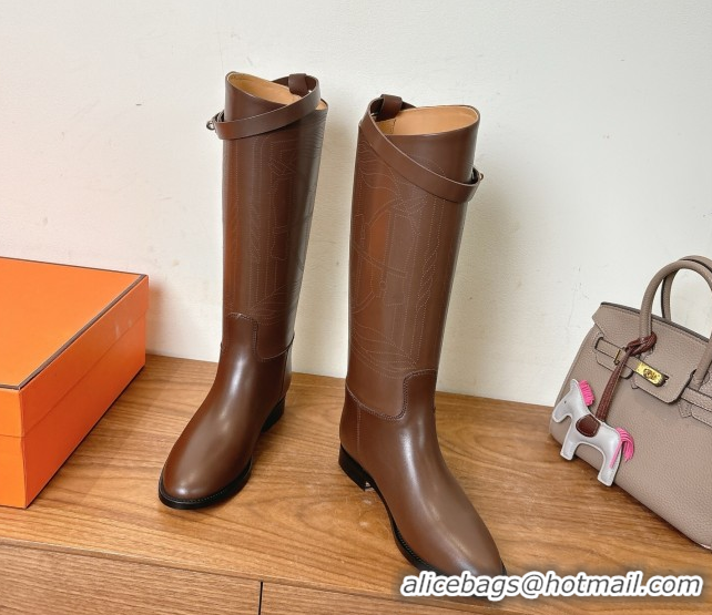 Low Cost Hermes Jumping High Flat Boots in Logo Perforated Calfskin with Kelly Buckle Dark Brown 1023047