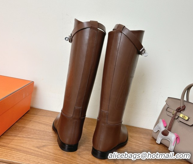 Low Cost Hermes Jumping High Flat Boots in Logo Perforated Calfskin with Kelly Buckle Dark Brown 1023047