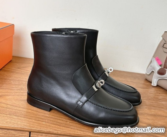 Luxury Hermes Kelsy Flat Ankle Boots in Calfskin Leather with Kelly Buckle Strap Black 1023048