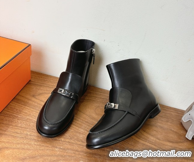 Luxury Hermes Kelsy Flat Ankle Boots in Calfskin Leather with Kelly Buckle Strap Black 1023048