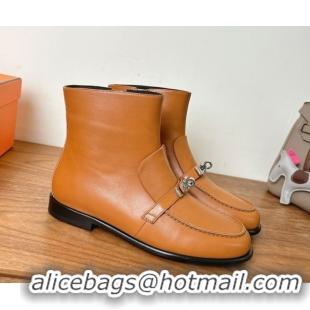 Good Quality Hermes Kelsy Flat Ankle Boots in Calfskin Leather with Kelly Buckle Strap Brown 1023049