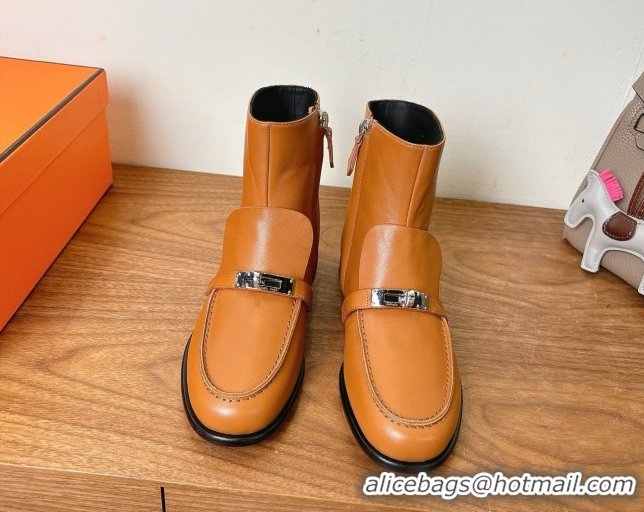 Good Quality Hermes Kelsy Flat Ankle Boots in Calfskin Leather with Kelly Buckle Strap Brown 1023049