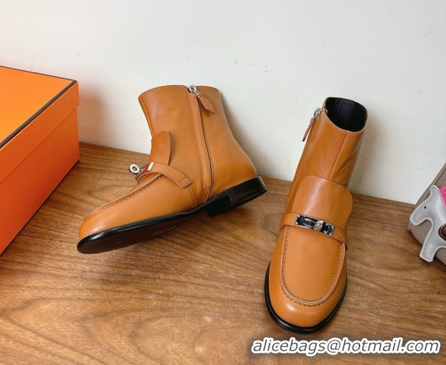 Good Quality Hermes Kelsy Flat Ankle Boots in Calfskin Leather with Kelly Buckle Strap Brown 1023049