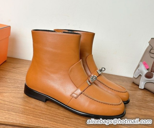 Good Quality Hermes Kelsy Flat Ankle Boots in Calfskin Leather with Kelly Buckle Strap Brown 1023049