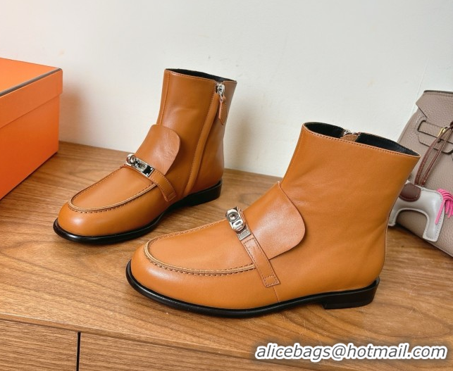 Good Quality Hermes Kelsy Flat Ankle Boots in Calfskin Leather with Kelly Buckle Strap Brown 1023049