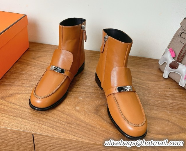 Good Quality Hermes Kelsy Flat Ankle Boots in Calfskin Leather with Kelly Buckle Strap Brown 1023049