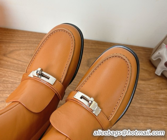 Good Quality Hermes Kelsy Flat Ankle Boots in Calfskin Leather with Kelly Buckle Strap Brown 1023049